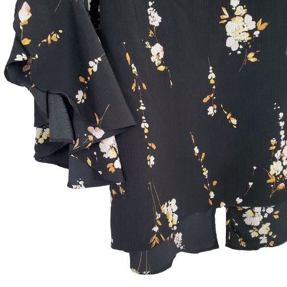 Lauren Conrad Sz 1X Blouse Floral Crinkle Flared Tulip Sleeves Back Slit Black - Picture 5 of 10